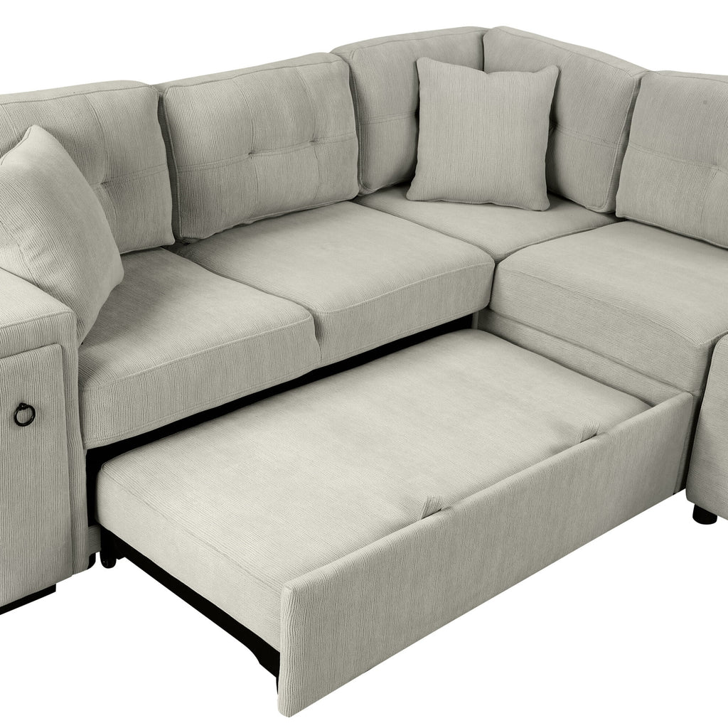 Canapé-lit modulable 87 avec lit gigogne, canapé convertible en L avec pouf, ports USB et deux porte-gobelets pour salon, appartement, chambre, gris