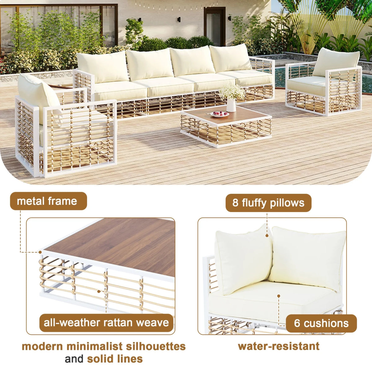 Ensemble de salon de jardin modulable en métal 7 pièces, canapé en rotin moderne et minimaliste avec coussins épais et table basse, salon d’extérieur toutes saisons pour jardin, bord de piscine et cour arrière, gris
