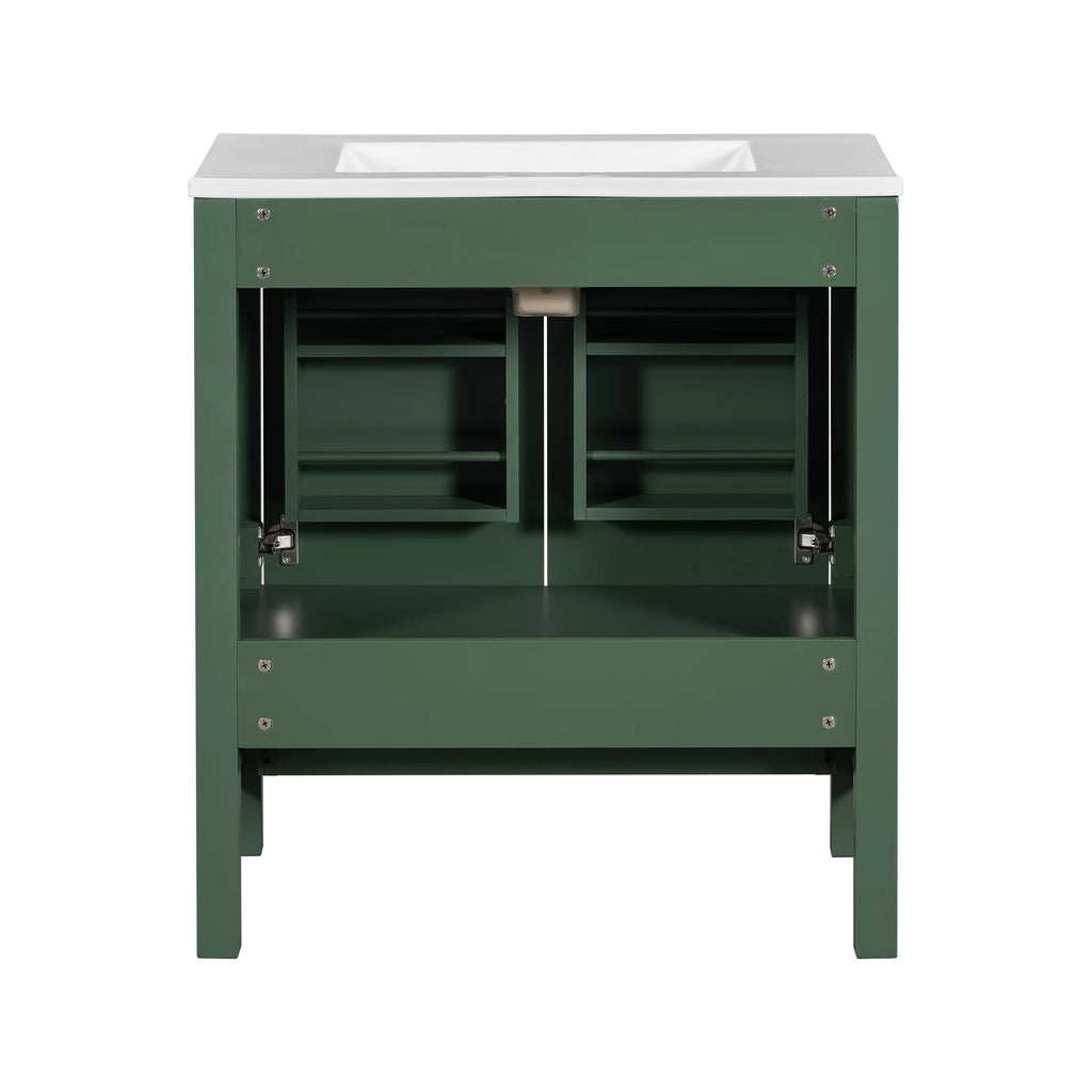 Meuble-lavabo de salle de bains Harper & Bright Designs 30 avec lavabo, armoire de salle de bains avec plateau en céramique, portes et tiroir de rangement multifonctionnels, vert