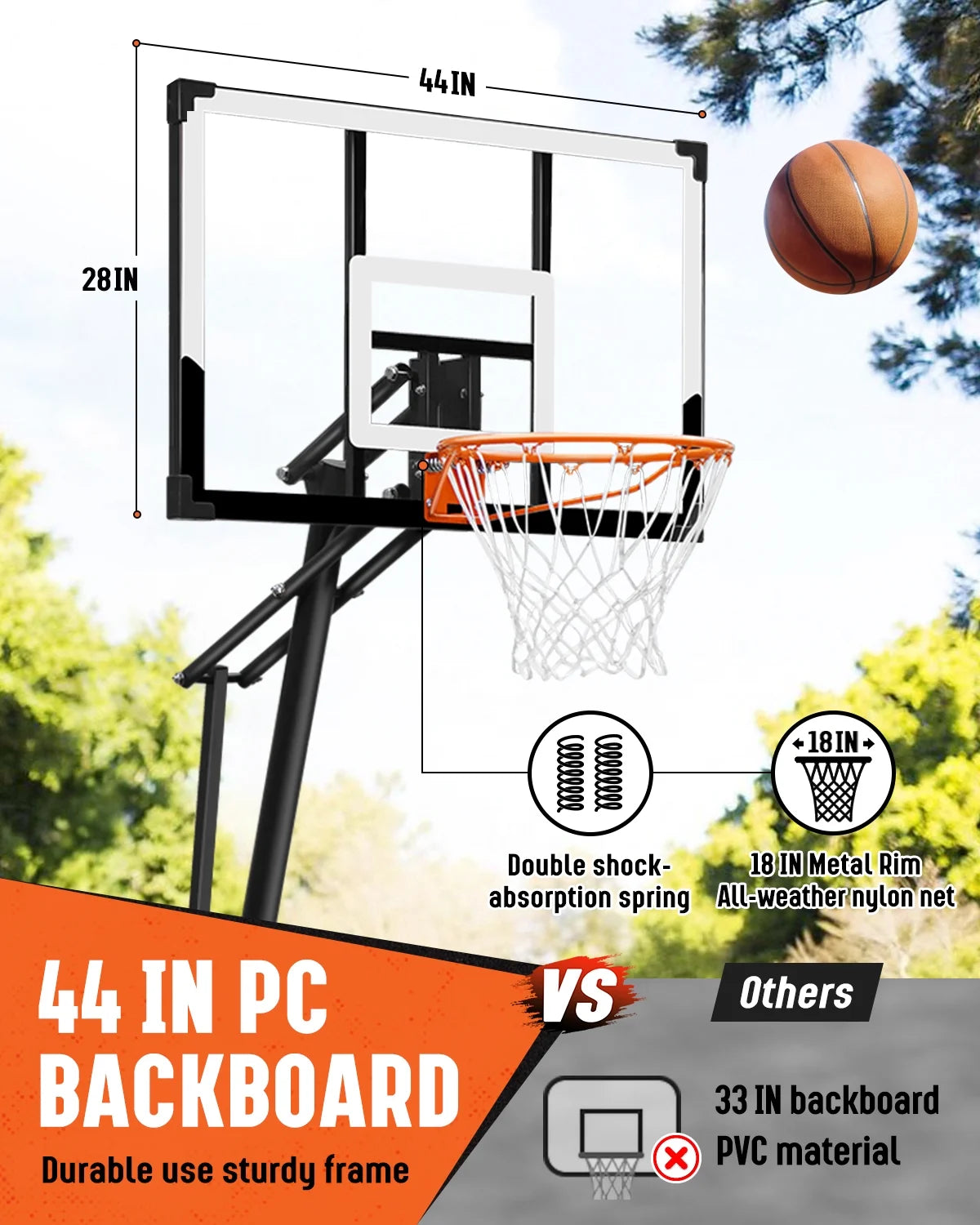 Panier de basketball Seray réglable en hauteur de 4,8 à 10 pieds pour enfants/adultes, panier de basketball portable avec panneau de 44 pouces et 2 roues pour sports en extérieur/intérieur