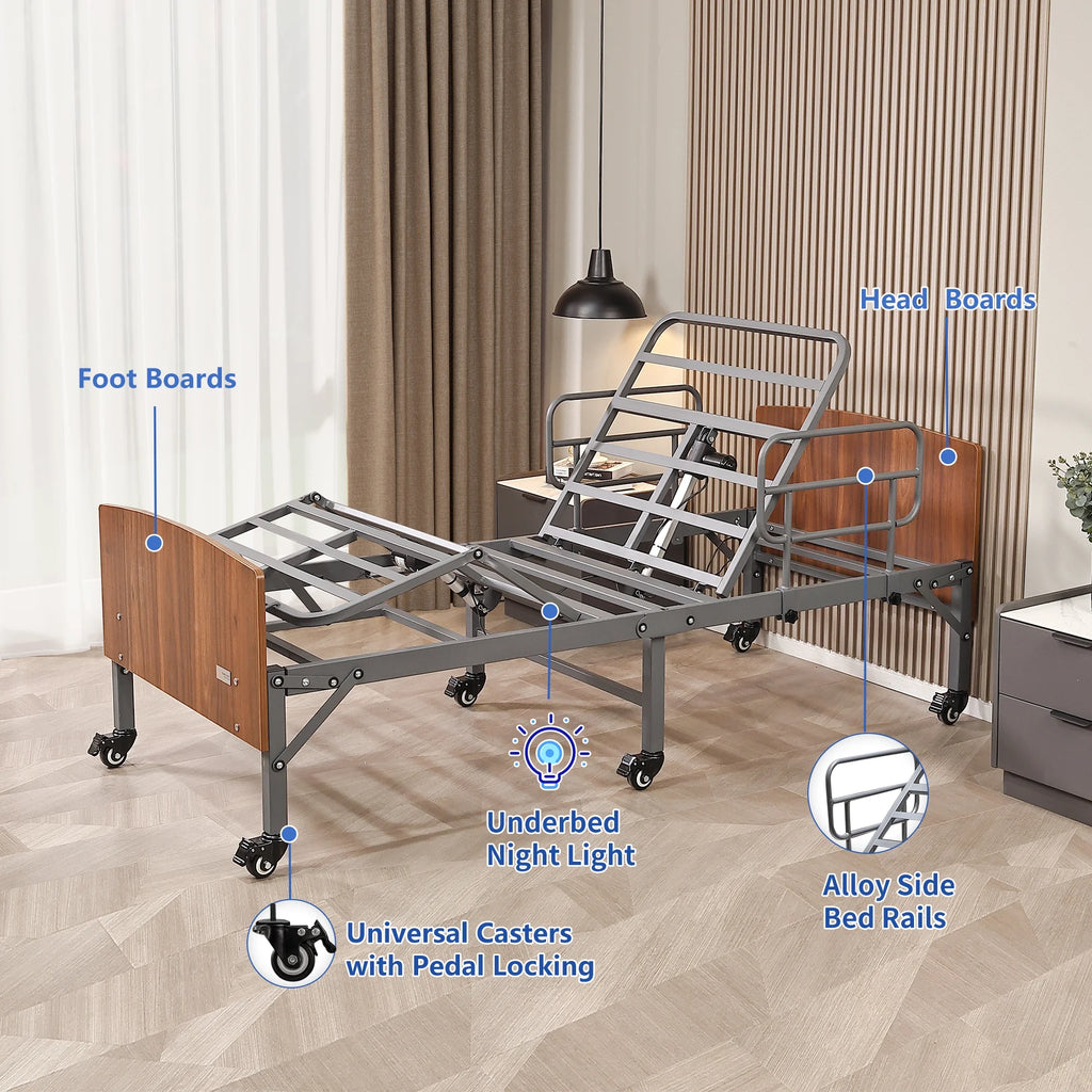 Lit d'hôpital ESHINE avec matelas imperméable 6 - Télécommande sans fil, tête de lit, roulettes de 2,5 pouces, inclinaison tête et pieds