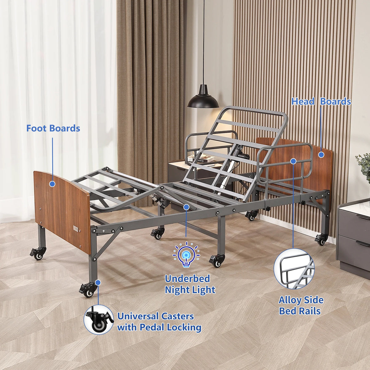 Lit d'hôpital ESHINE avec matelas imperméable 6 - Télécommande sans fil, tête de lit, roulettes de 2,5 pouces, inclinaison tête et pieds