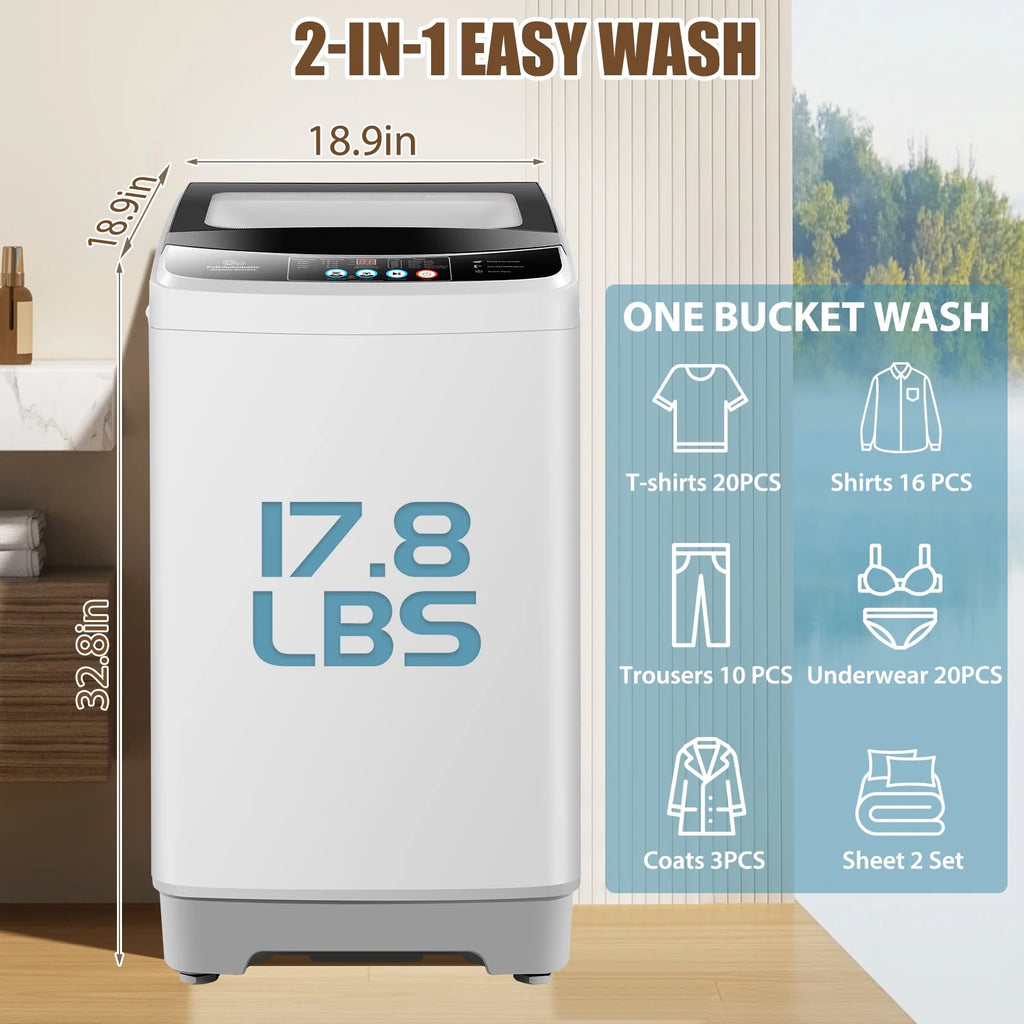Veeboto Lave-linge entièrement automatique de 17,8 lb, lave-linge compact avec pompe de vidage, moteur puissant, lavage rapide en 20 min, affichage LED, combiné lave-linge et sèche-linge silencieux pour appartement, dortoir et maison