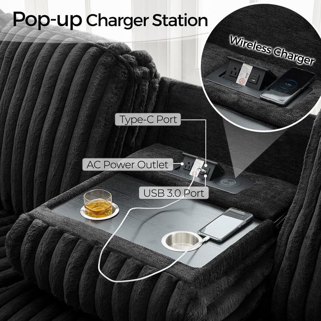 Canapé d’angle inclinable électrique avec chargeur sans fil, 6 places en fausse fourrure avec fauteuils inclinables, porte-gobelets dissimulés, console de rangement, ports USB et Type-C, noir