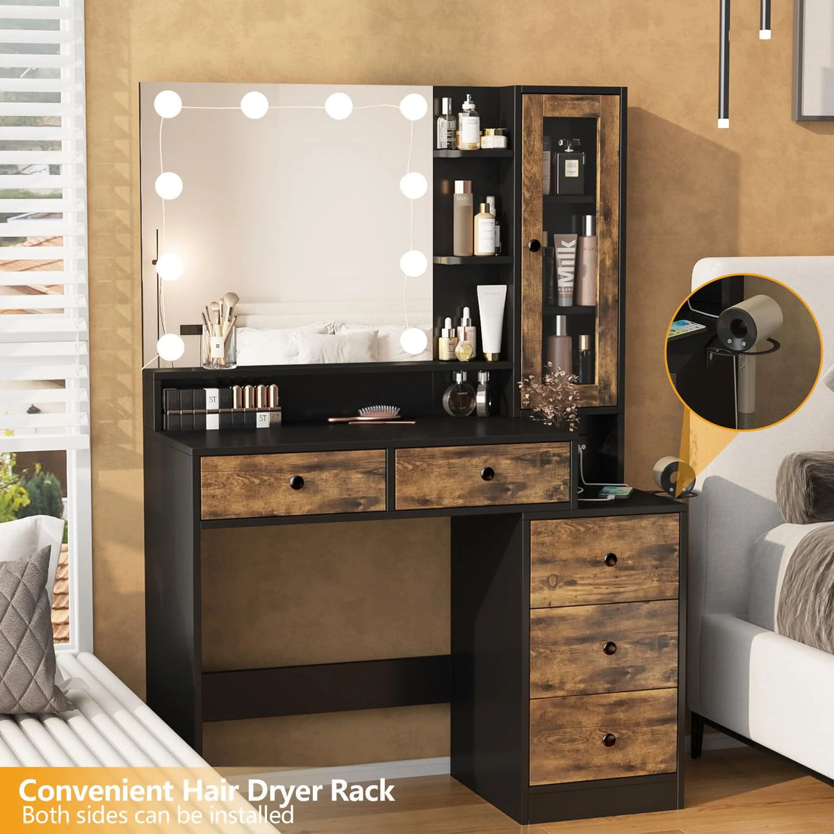 Coiffeuse VEANERWOOD avec miroir éclairé et bloc multiprise, table de maquillage moderne avec 5 tiroirs, blanc