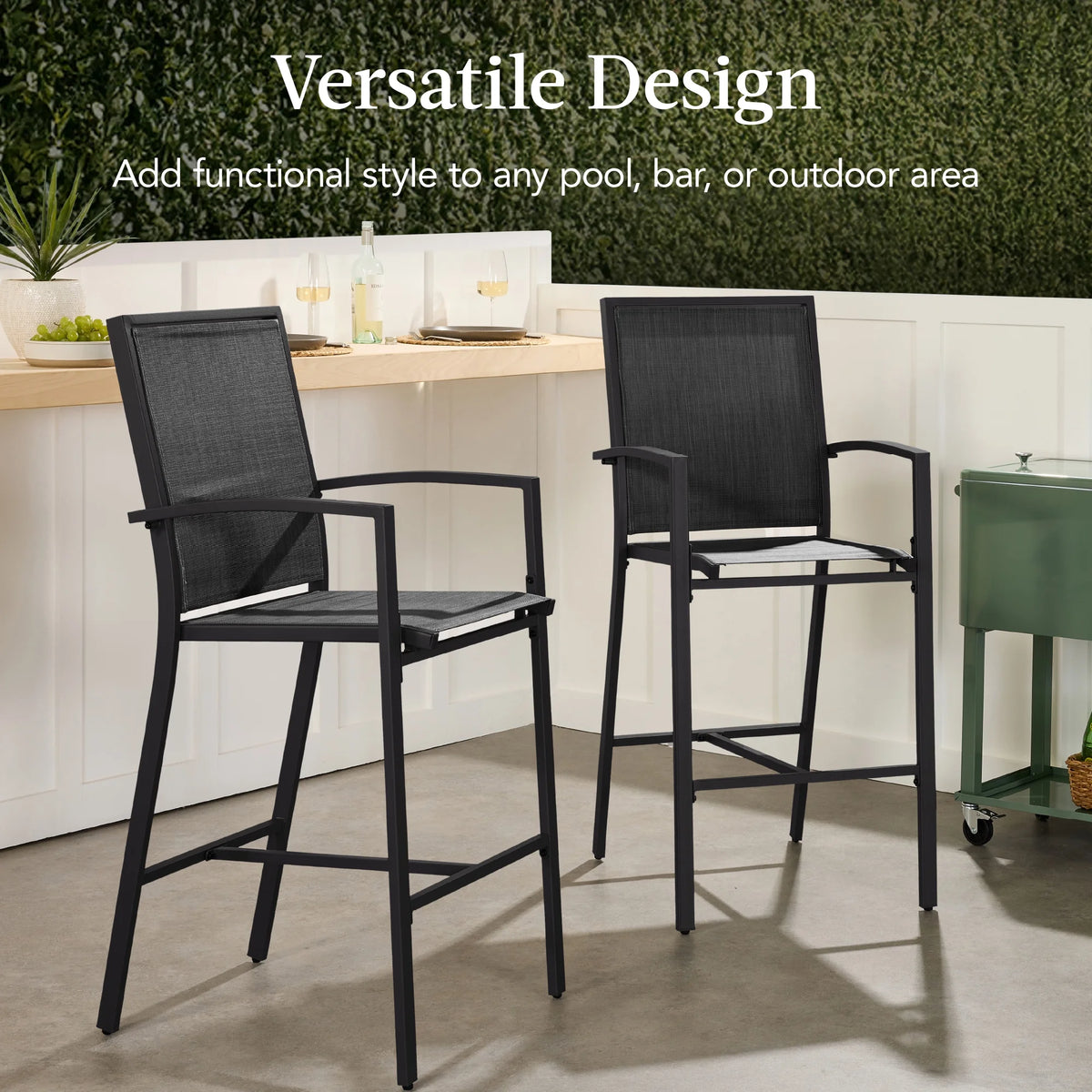 Best Choice Products Lot de 2 tabourets de bar d'extérieur, Chaises de patio hauteur bar avec maille toutes saisons - Noir/Noir