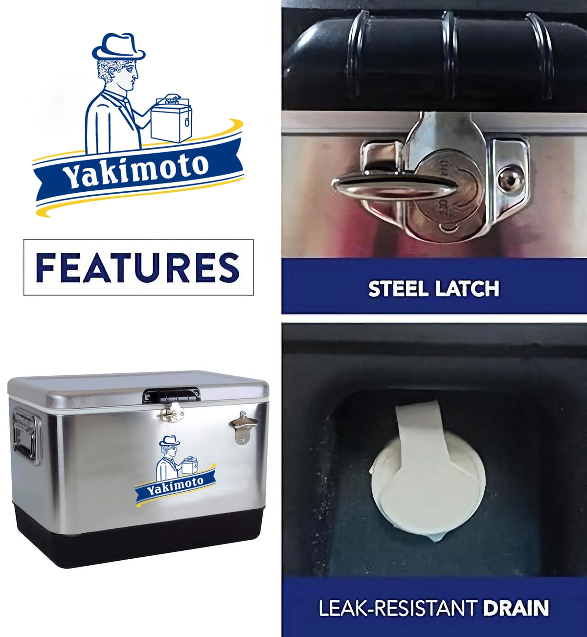 Glacière en acier inoxydable Yakimoto de 54 pintes – Glacière conservant la glace pendant 4 jours, avec décapsuleur intégré et fermoirs robustes en acier pour le camping, la pêche, la navigation et les fêtes entre amis