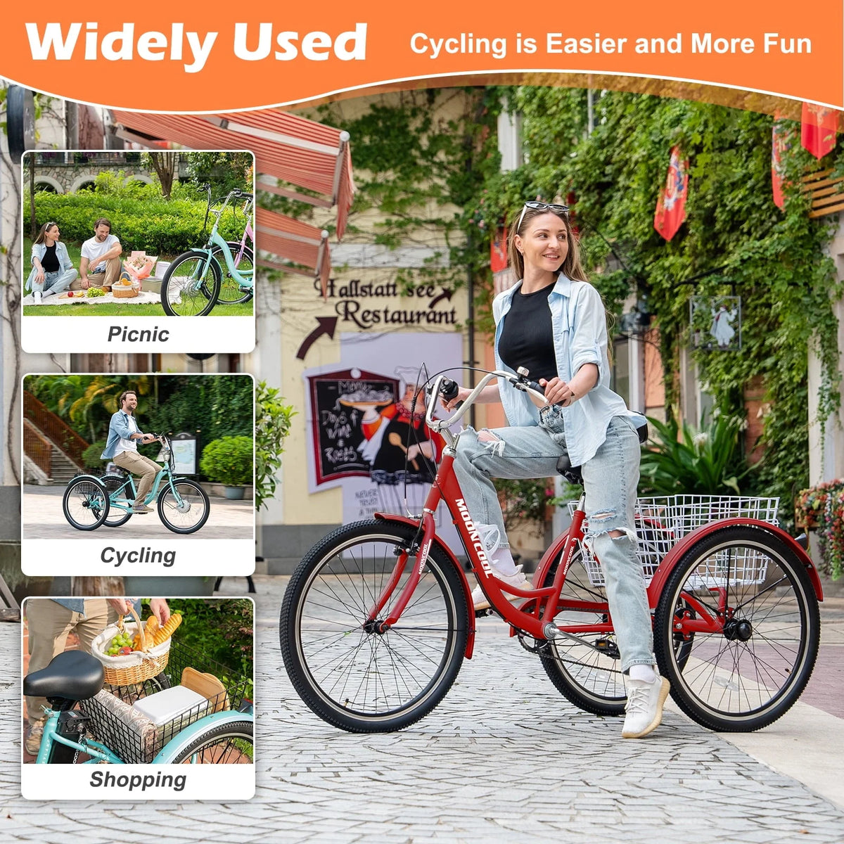 MOPHOTO 24 Tricycle pour adulte, Vélo à 3 roues 7 vitesses avec panier pour les courses, l'exercice, Tricycle avec selle réglable pour hommes, femmes et seniors