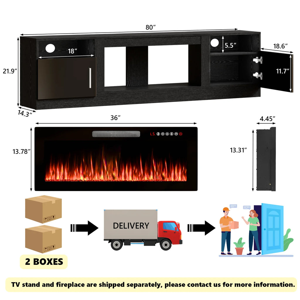 Meuble TV avec cheminée Waleaf avec cheminée électrique de 36 pouces pour téléviseurs jusqu’à 80 pouces, console multimédia moderne en bois avec meuble éclairé, blanc