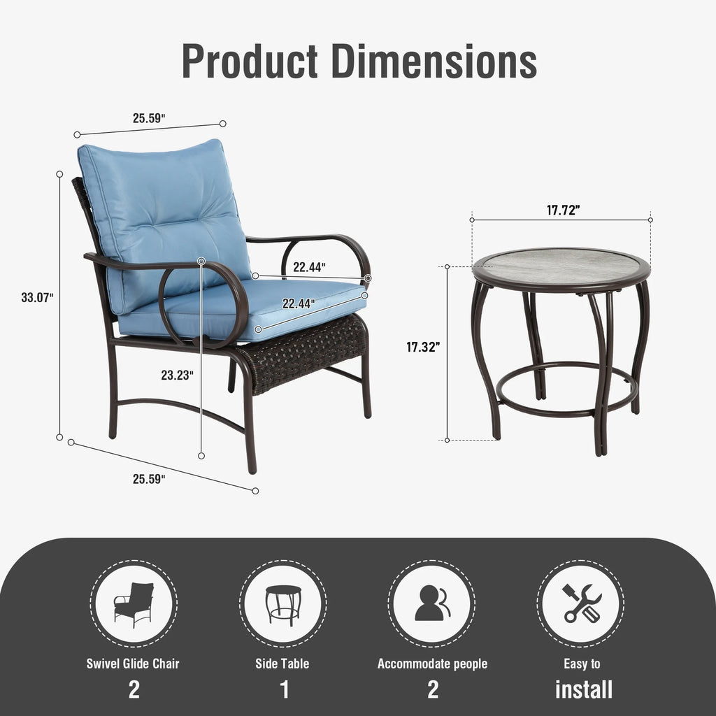 Ensemble de salon de jardin Villeston 3 pièces en résine tressée, avec 2 chaises et une table pour terrasse ou jardin, bleu