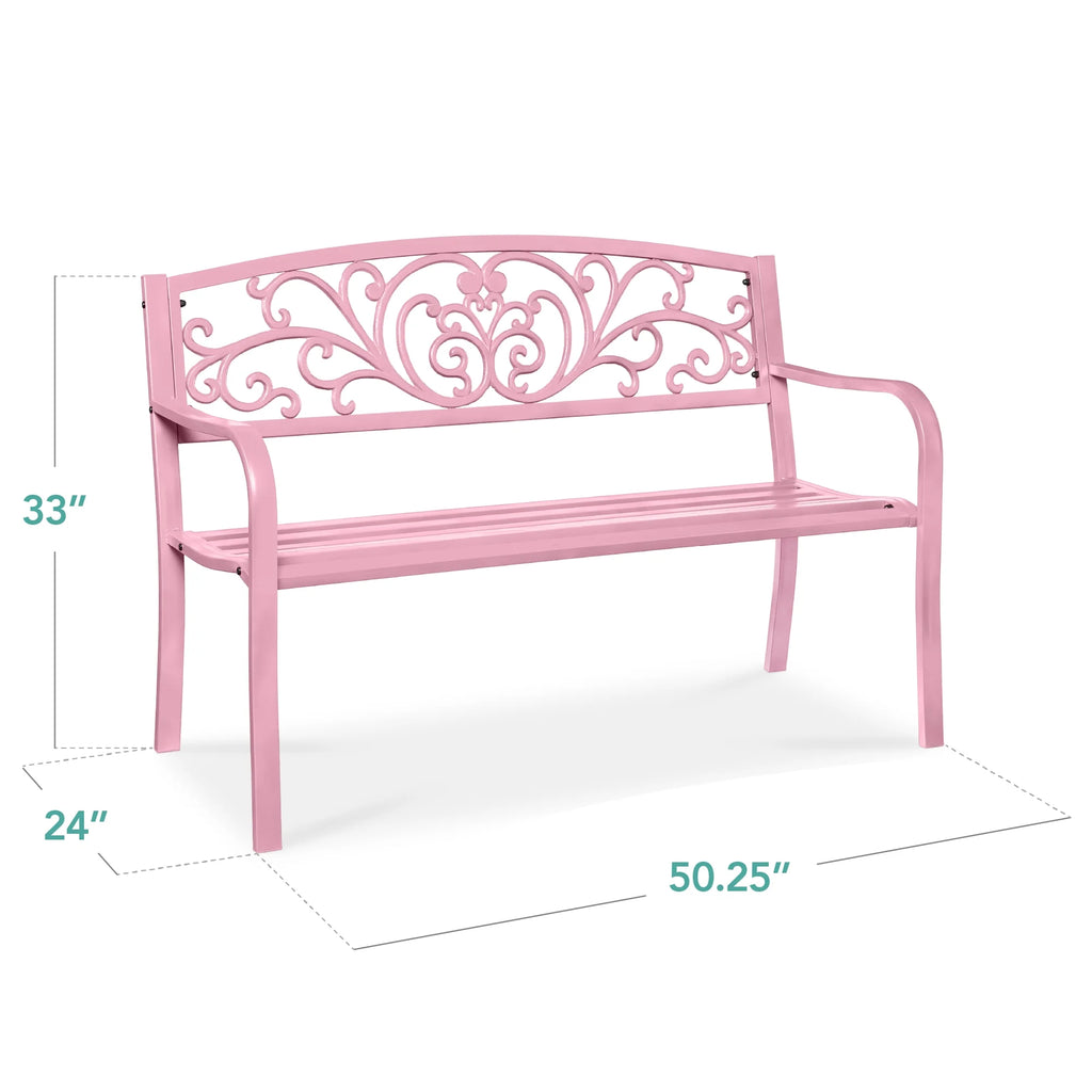 Best Choice Products Banc en Acier d'Extérieur Jardin Patio Porche Meuble avec Dossier à Motif Floral - Noir