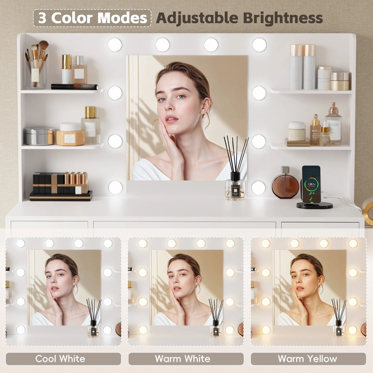 Coiffeuse Lacoo avec miroir et éclairage LED, coiffeuse de maquillage avec 7 tiroirs et 4 étagères, table de toilette avec prise électrique pour chambre ou dressing, blanc