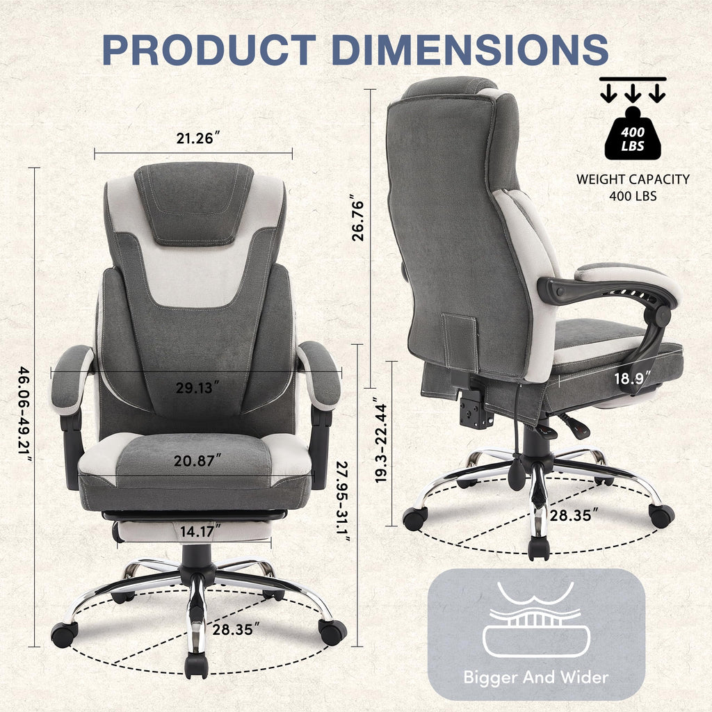 JONPONY Fauteuil de bureau Grande Taille 400lbs, Fauteuils de bureau de direction inclinables avec repose-pieds, Fauteuil de bureau à domicile à dossier haut Accoudoirs épais, Support lombaire ergonomique réglable, RoseBlanc