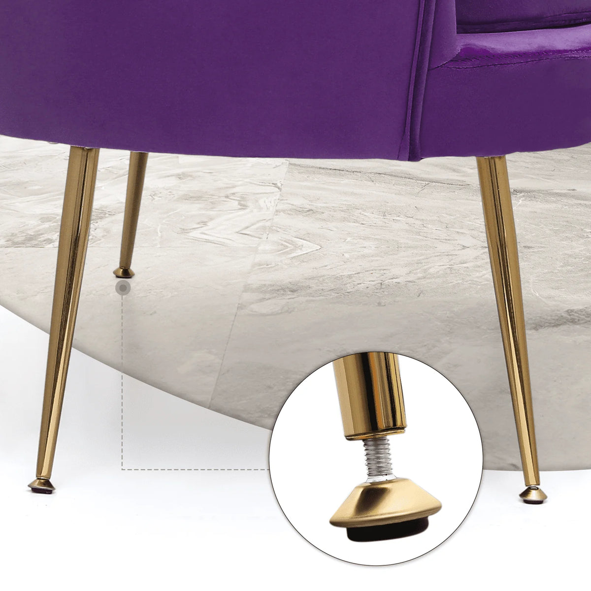 Canapé 2 places contemporain MoNiBloom en velours avec pieds en métal finition dorée, avec deux coussins pour salon, chambre, bureau à domicile, violet