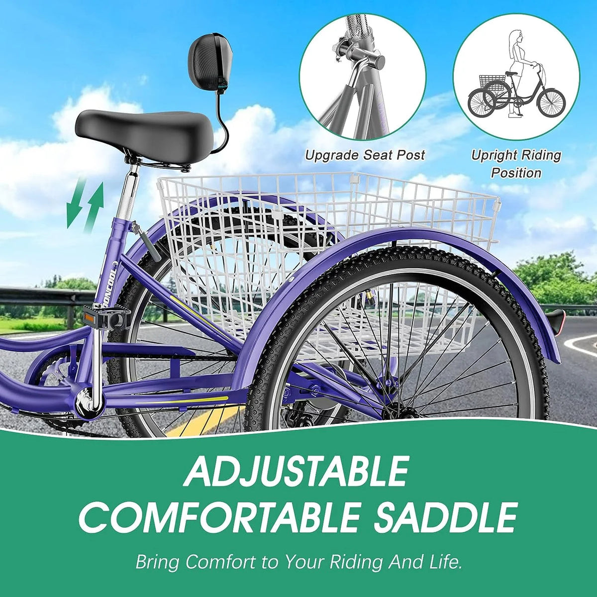 Tricycles pour adultes MOONCOOL avec panier arrière et pompe à pied, vélos à 3 roues 7 vitesses de 24 et 26 pouces, vélo à trois roues pour adultes avec dossier pour seniors, femmes et hommes