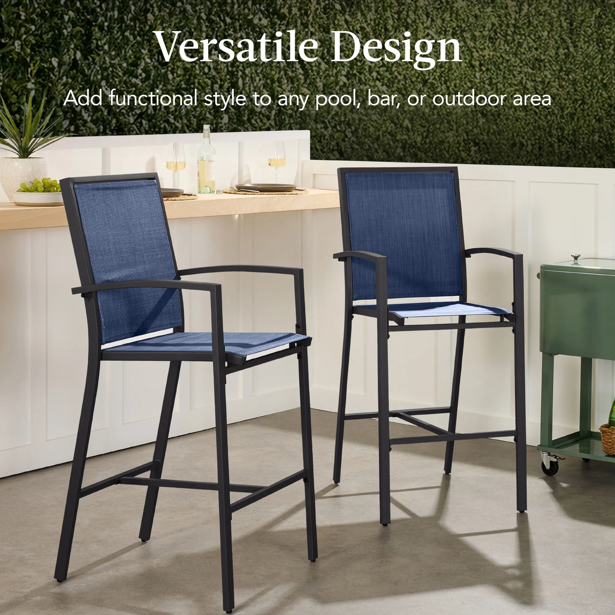 Best Choice Products Lot de 2 tabourets de bar d'extérieur, Chaises de patio hauteur bar avec maille toutes saisons - Noir/Noir