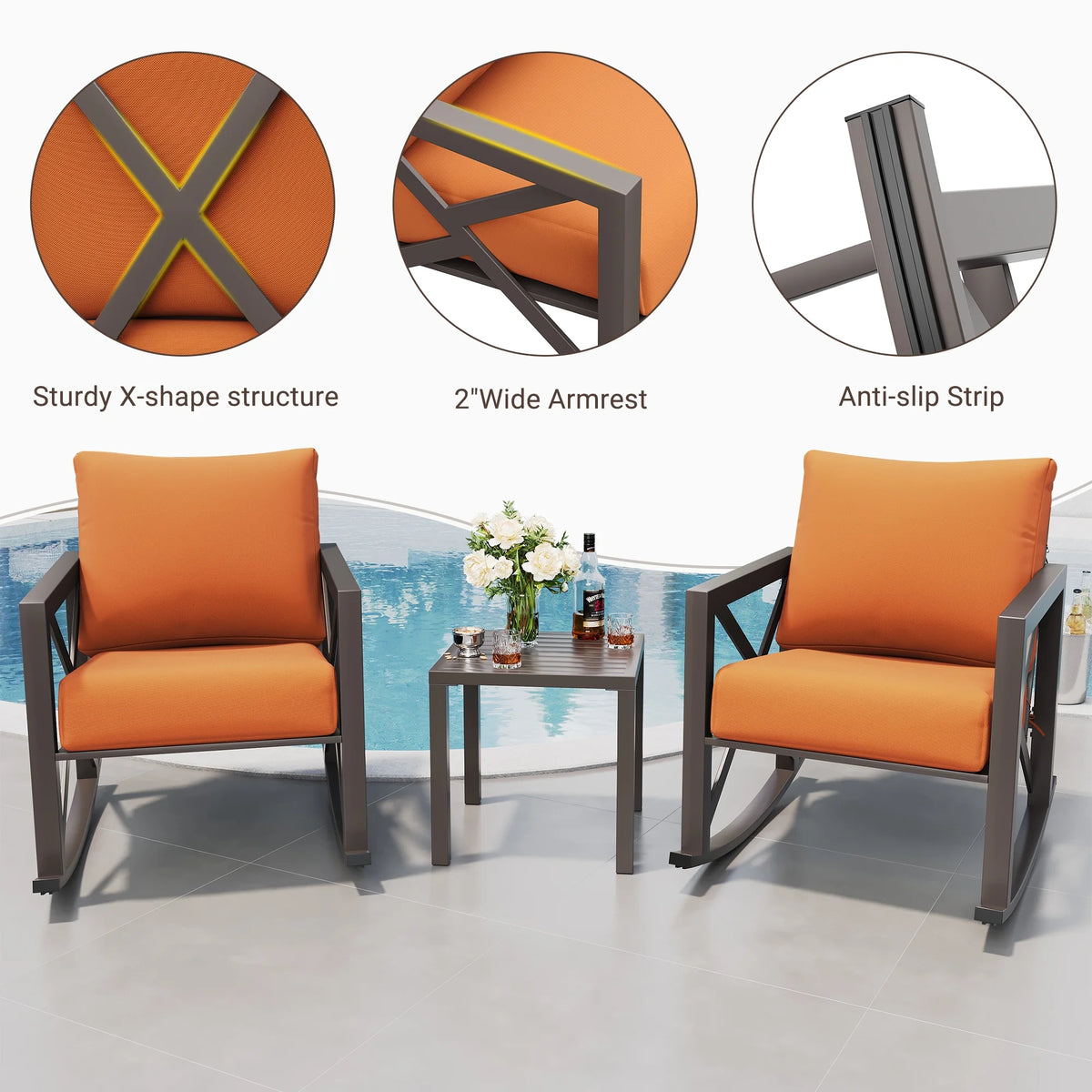 Ensemble de bistrot MRUAKA avec chaises à bascule, ensemble de mobilier de patio extérieur 3 pièces avec 2 chaises à bascule et 1 table basse en métal avec coussins épais pour porche, cour arrière, bord de piscine, beige