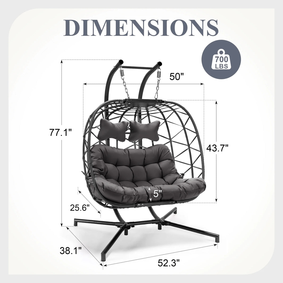 Fauteuil suspendu œuf double en osier RADIATA avec support, fauteuil œuf suspendu pour 2 personnes, intérieur/extérieur, capacité de 700 lb, coussins épais et appuie-tête, structure en métal robuste, gris foncé