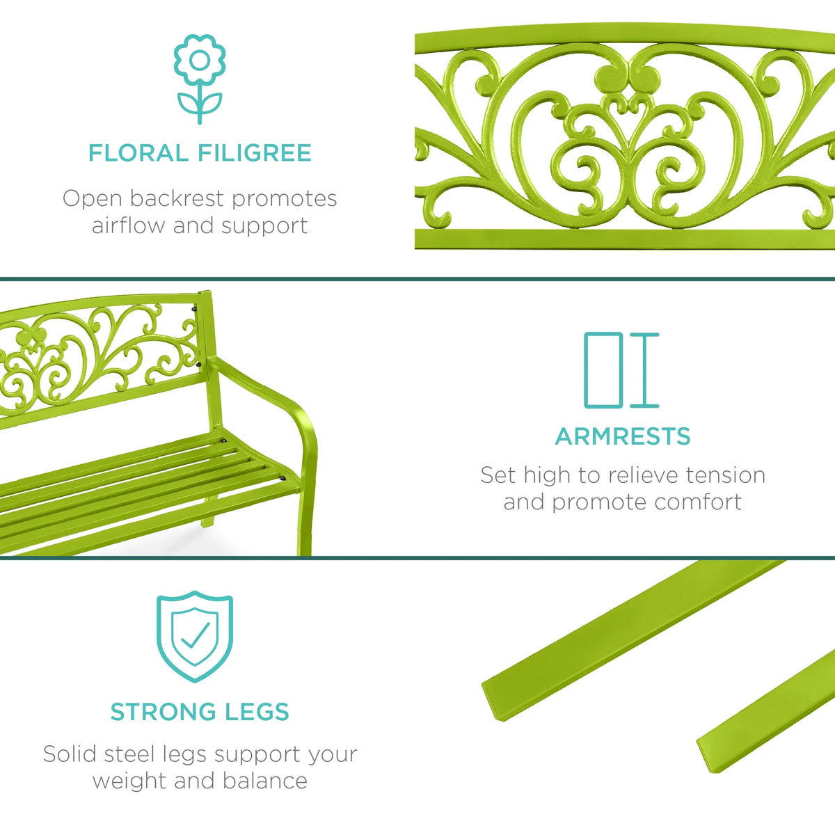Best Choice Products Banc en Acier d'Extérieur Jardin Patio Porche Meuble avec Dossier à Motif Floral - Noir