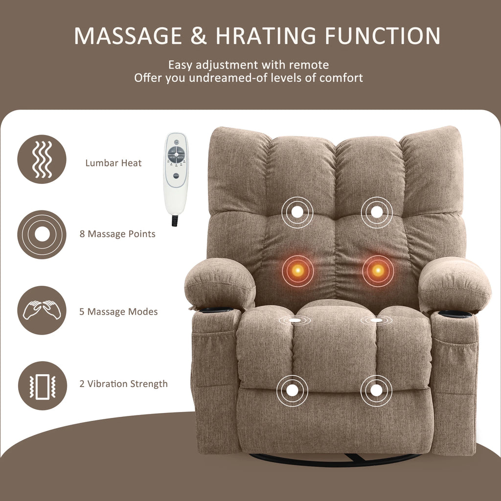 Fauteuil inclinable manuel JONPONY avec fonction de massage et de chauffage, mécanisme d’inclinaison robuste, fauteuil à bascule individuel pour personnes âgées avec porte-gobelets, pour chambre et salle de cinéma maison, gris