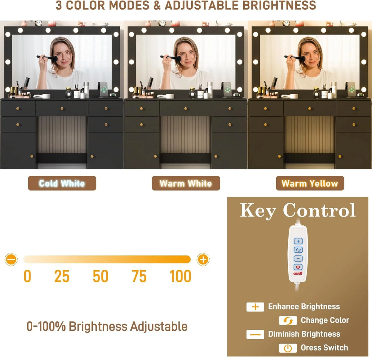 Coiffeuse blanche avec grand miroir lumineux et prise électrique, table de maquillage avec plateau en verre et tiroirs, rangement coulissant, grande coiffeuse de maquillage de 44,1 pour femmes et filles, blanche