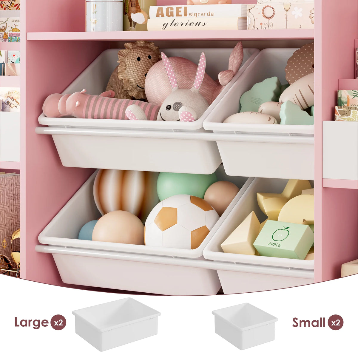Hiphuta Bibliothèque et Meuble de Rangement pour Jouets pour Enfants, Organisateur en Bois avec 4 Paniers et 2 Tiroirs Amovibles pour la Maison et la Chambre, Étagère à Livres pour Enfants avec Bac à Jouets et Support à Livres, Blanc