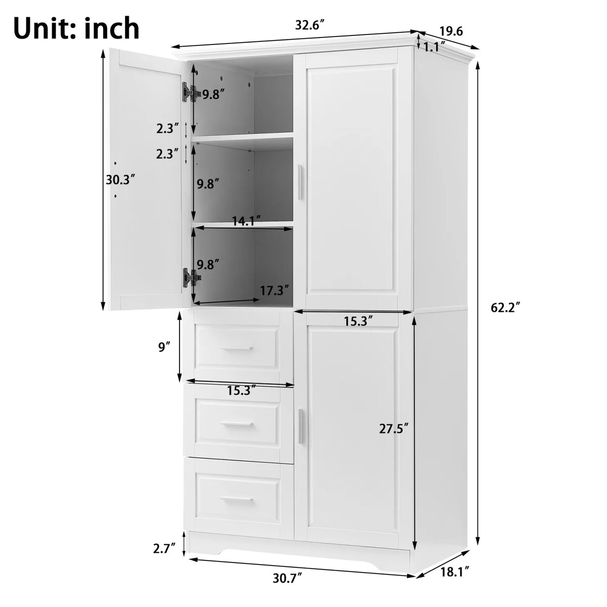 Armoire de salle de bain, meuble de rangement de 62,2 de haut avec portes et étagères, armoire à linge sur pied pour salle de bain, cuisine, salon, grise