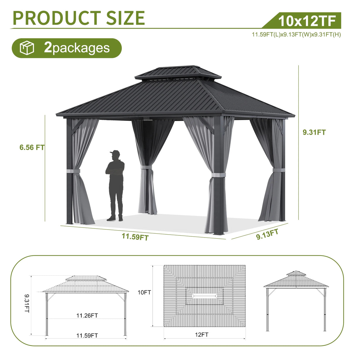 MUCHANT 10'x12' Gazebo à toit rigide avec structure en aluminium, Pavillon d'extérieur permanent Gazebo en métal avec double toit en acier galvanisé, Moustiquaire et Rideaux pour terrasses, jardins, pelouses, Gris