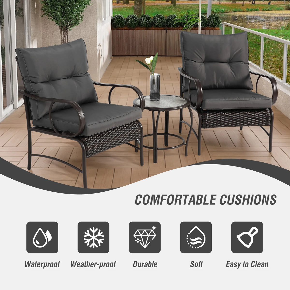 Ensemble de salon de jardin Villeston 3 pièces en résine tressée, avec 2 chaises et une table pour terrasse ou jardin, bleu