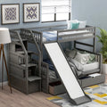Lit superposé Euroco Wood avec lit simple au-dessus et lit double en dessous, tiroirs et toboggan, gris