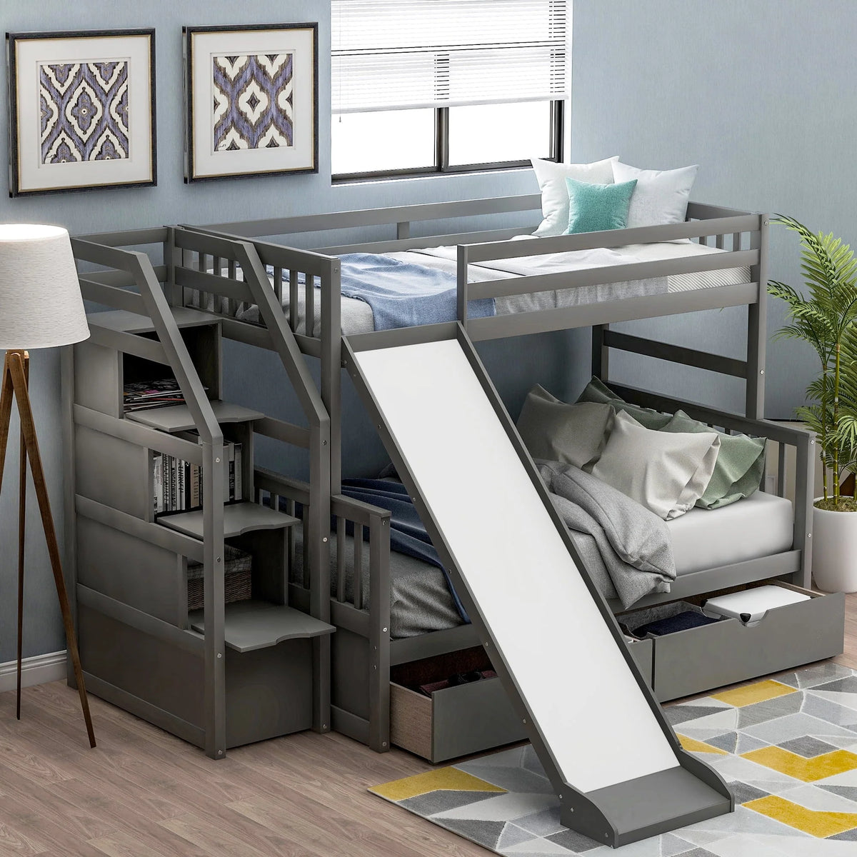 Lit superposé Euroco Wood avec lit simple au-dessus et lit double en dessous, tiroirs et toboggan, gris