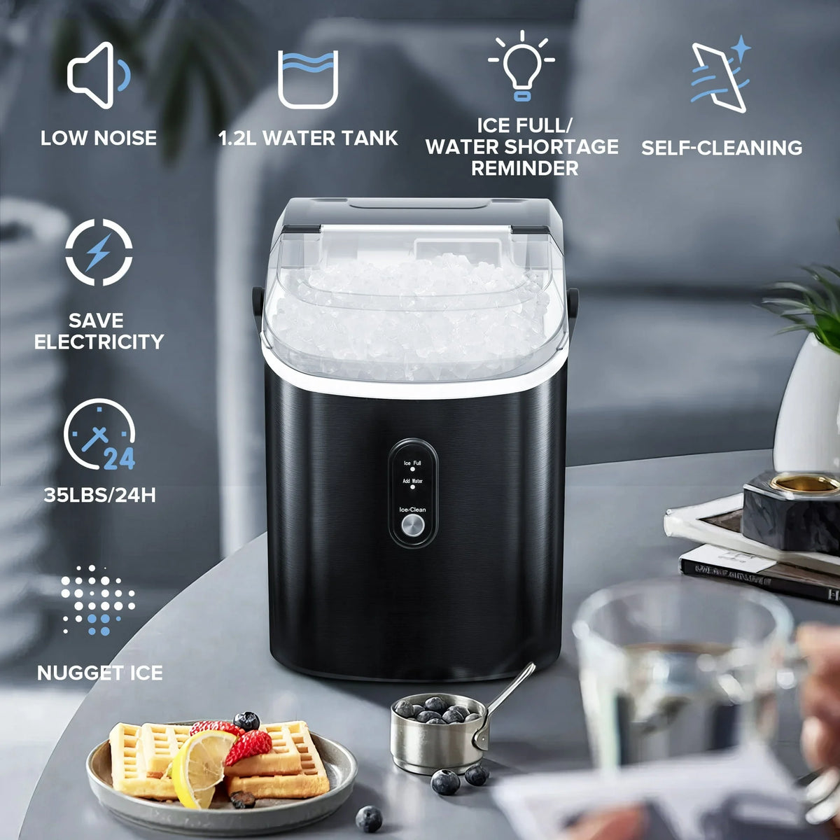 Machine à glaçons Auseo SS Nugget de comptoir avec glaçons tendres à mâcher, 35 lbs/24 h, autonettoyante, pelle à glaçons, acier inoxydable argenté, pour cuisine/bureau/fête