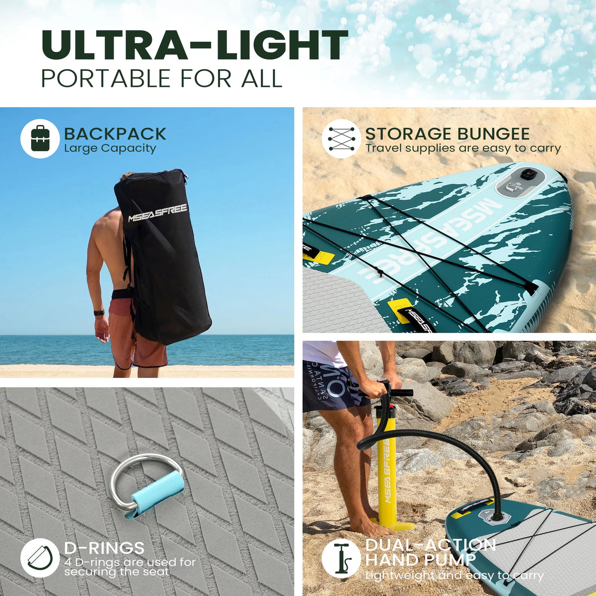 MSEASFREE Planche de Stand Up Paddle gonflable 11,5 ft Polyvalente Planche de pêche Stand up Paddle avec accessoires SUP complets