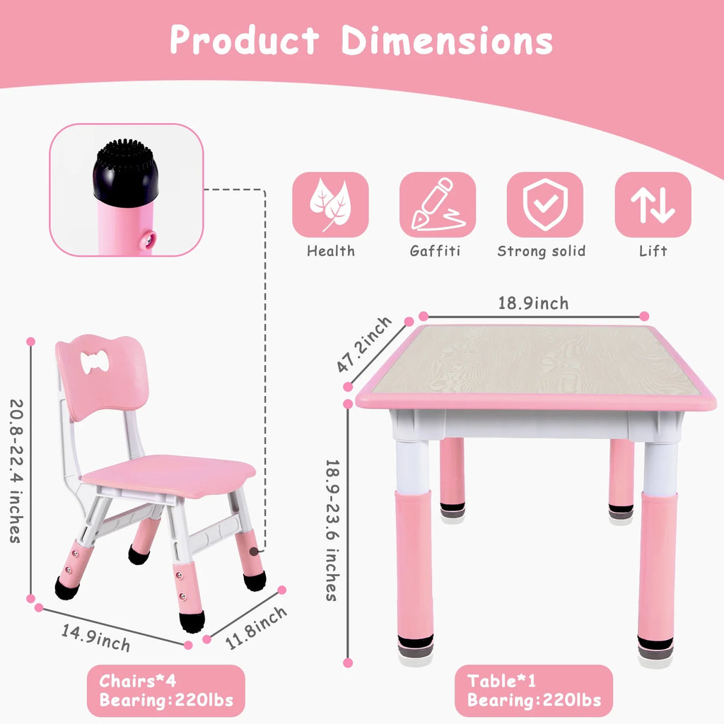 Ensemble table et 4 chaises pour enfants LAZY BUDDY, bureau réglable en hauteur pour tout-petits avec plateau graffiti, ensemble de table d’activités pour enfants pour crèche et maison
