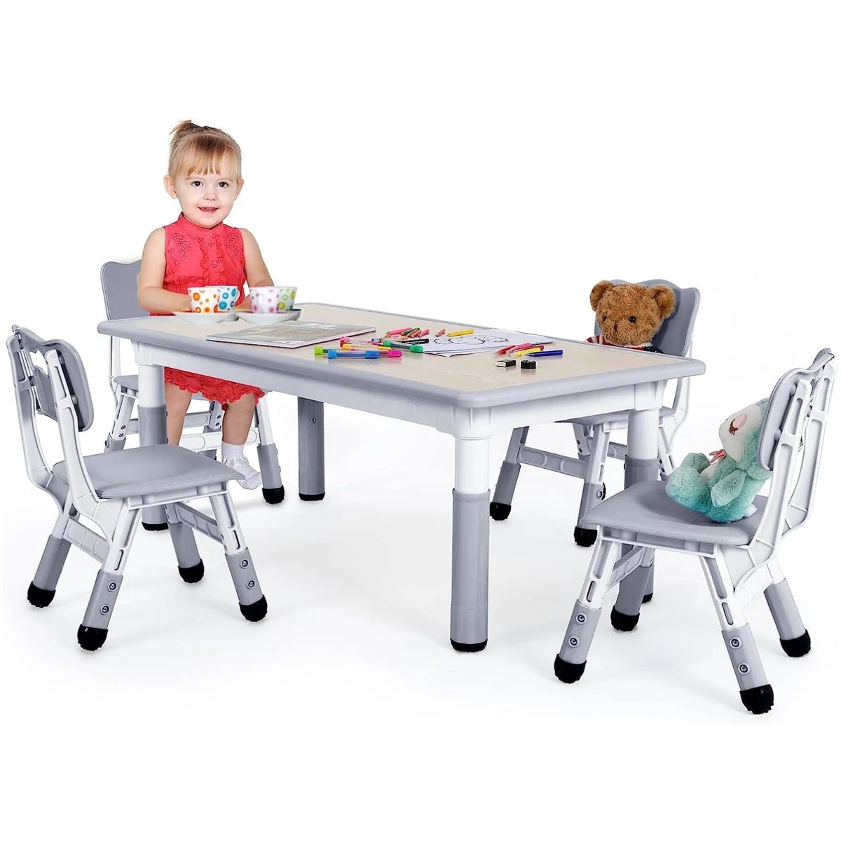 Ensemble table et 4 chaises pour enfants LAZY BUDDY, bureau réglable en hauteur pour tout-petits avec plateau graffiti, ensemble de table d’activités pour enfants pour crèche et maison