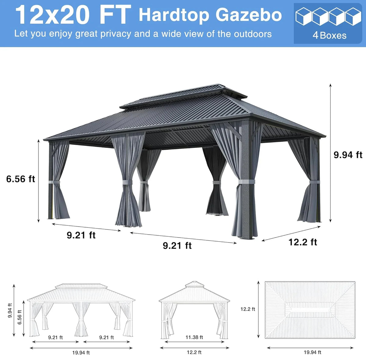 MUCHANT 10'x12' Gazebo à toit rigide avec structure en aluminium, Pavillon d'extérieur permanent Gazebo en métal avec double toit en acier galvanisé, Moustiquaire et Rideaux pour terrasses, jardins, pelouses, Gris