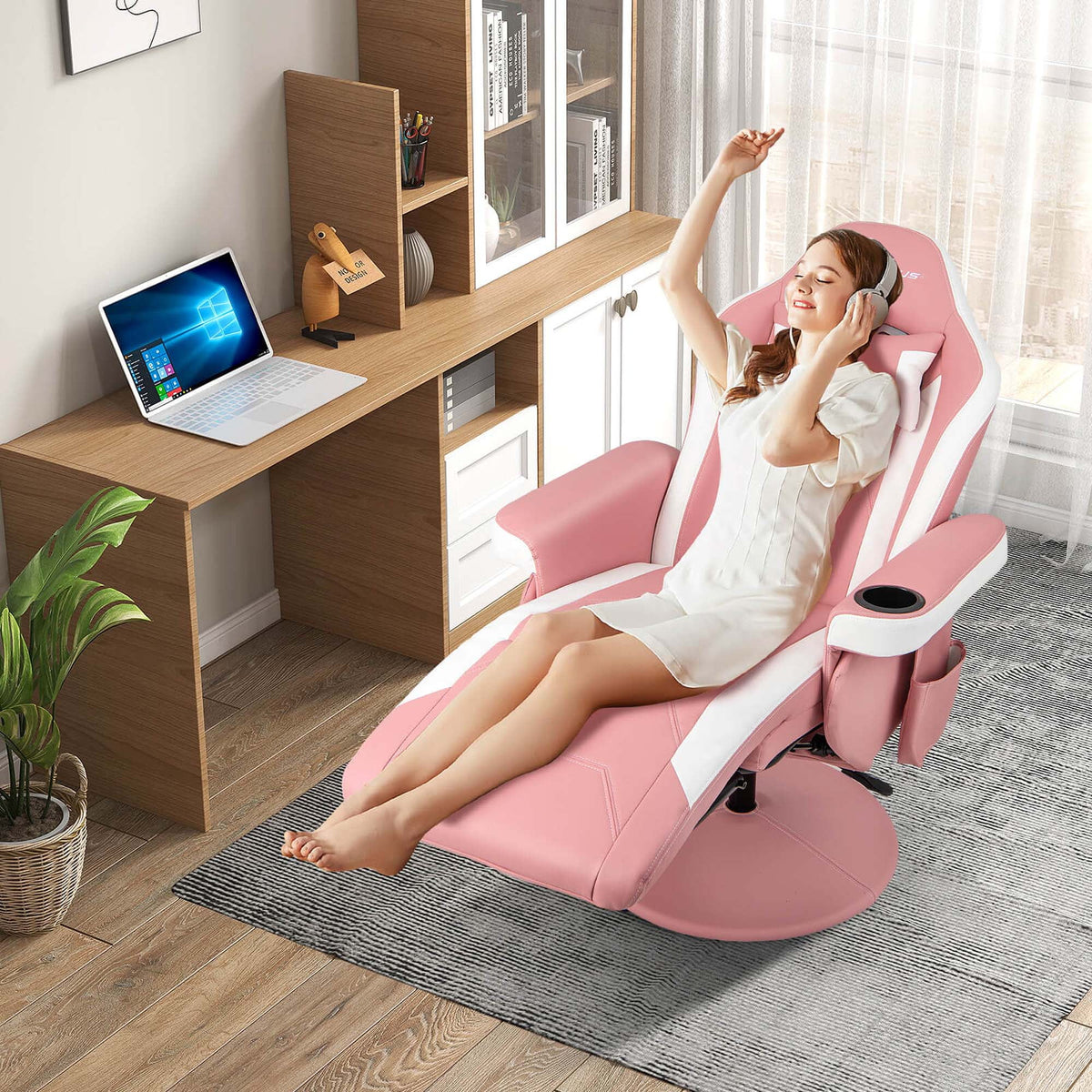 Fauteuil gaming inclinable Goplus avec massage, réglable en hauteur, pivotant, style racing, avec porte-gobelet, rouge