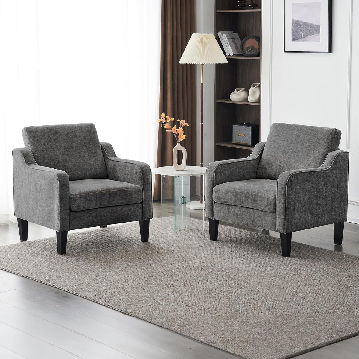 Fauteuil confortable en chenille VINGLI Mid-Century Modern, Blanc crème