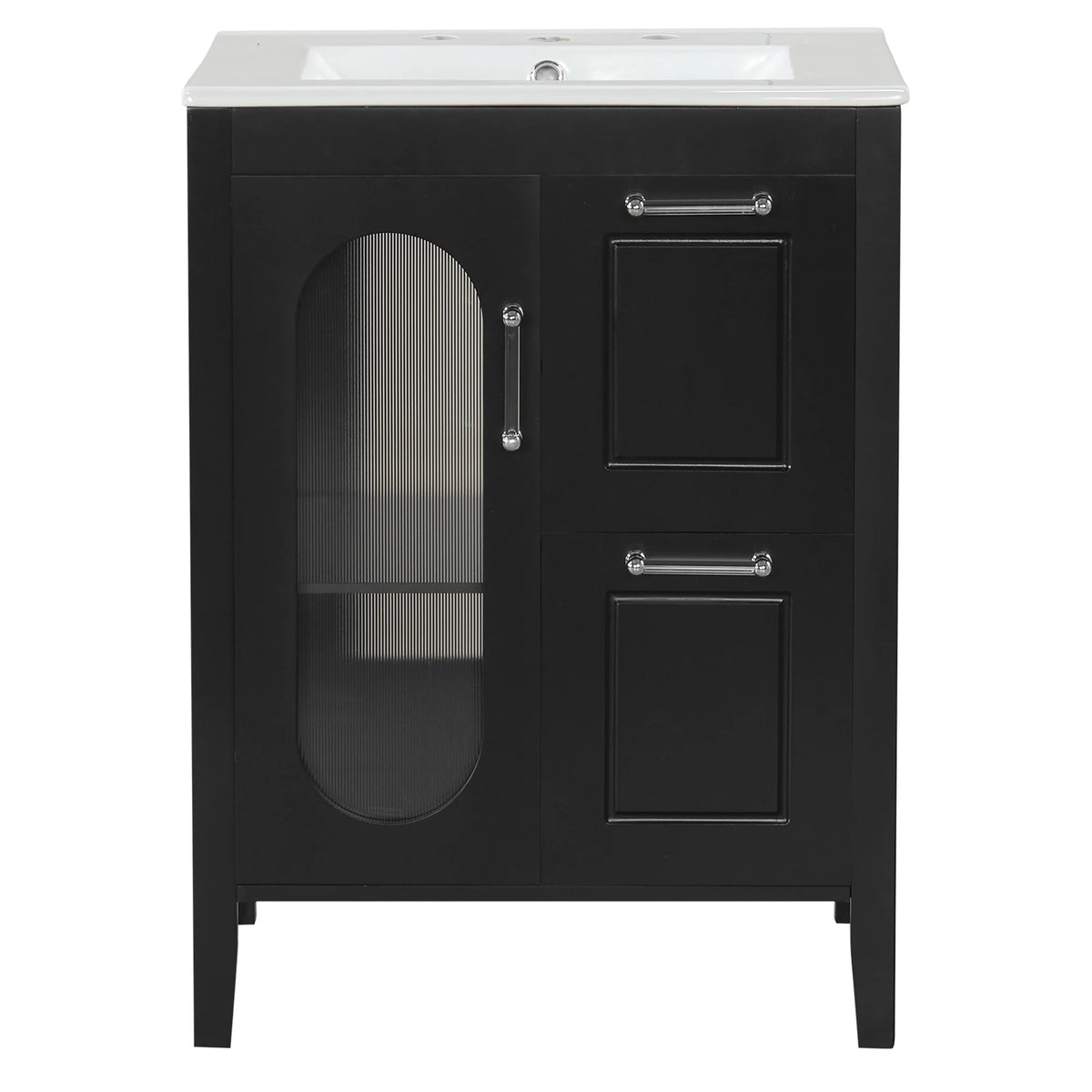 Meuble-lavabo Soges 24 avec vasque en céramique, meuble de toilette en bois massif avec porte, étagère réglable et 2 tiroirs, ensemble lavabo simple autoportant pour petite salle de bains, blanc