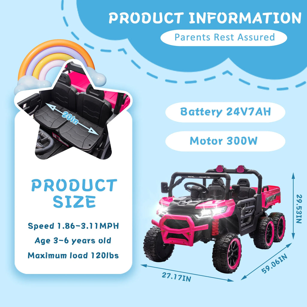 Xuanlur Voiture électrique pour enfants 24V 2 places, UTV avec moteur 2x200W, Jouet électrique 24 volts avec benne/pelle, Voiture électrique pour enfants avec pneus résistants, lumière LED, musique, télécommande, noire