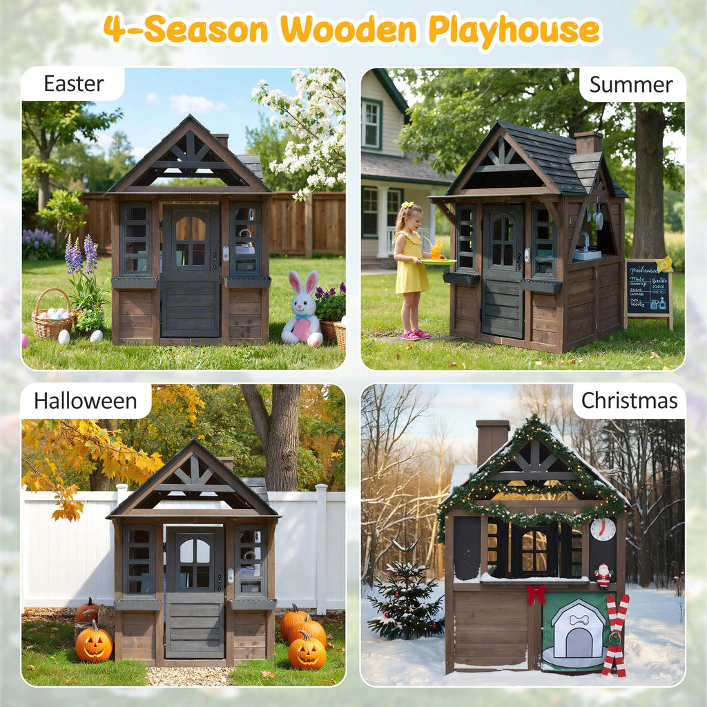 COCLUB Maison de jeu d’extérieur pour enfants de 4 à 8 ans, maison en bois avec sonnette, téléphone et jouets de cuisine, équipement de jeu extérieur pour enfants, maison pour filles (45L x 65H), blanc et noir