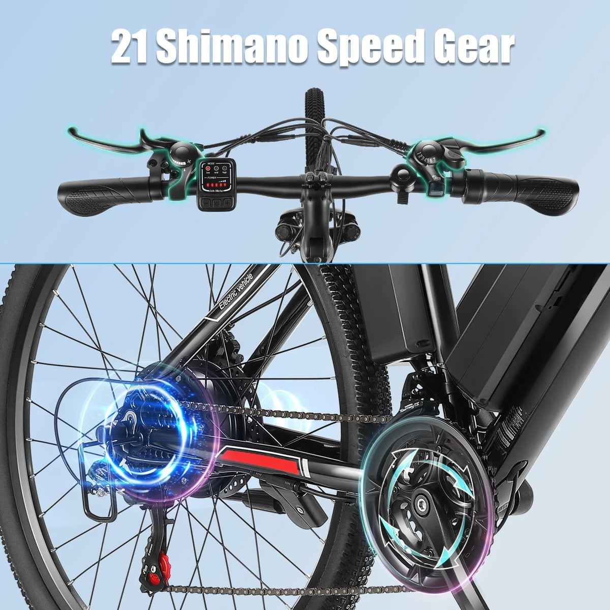 Vélo électrique Elifine 500W pour adultes, vélo électrique tout-terrain 26 avec 5 modes de conduite, batterie 48V 7,8Ah, Shimano 21 vitesses & 19,8 mph vélo électrique urbain en alliage d'aluminium jusqu'à 50 miles