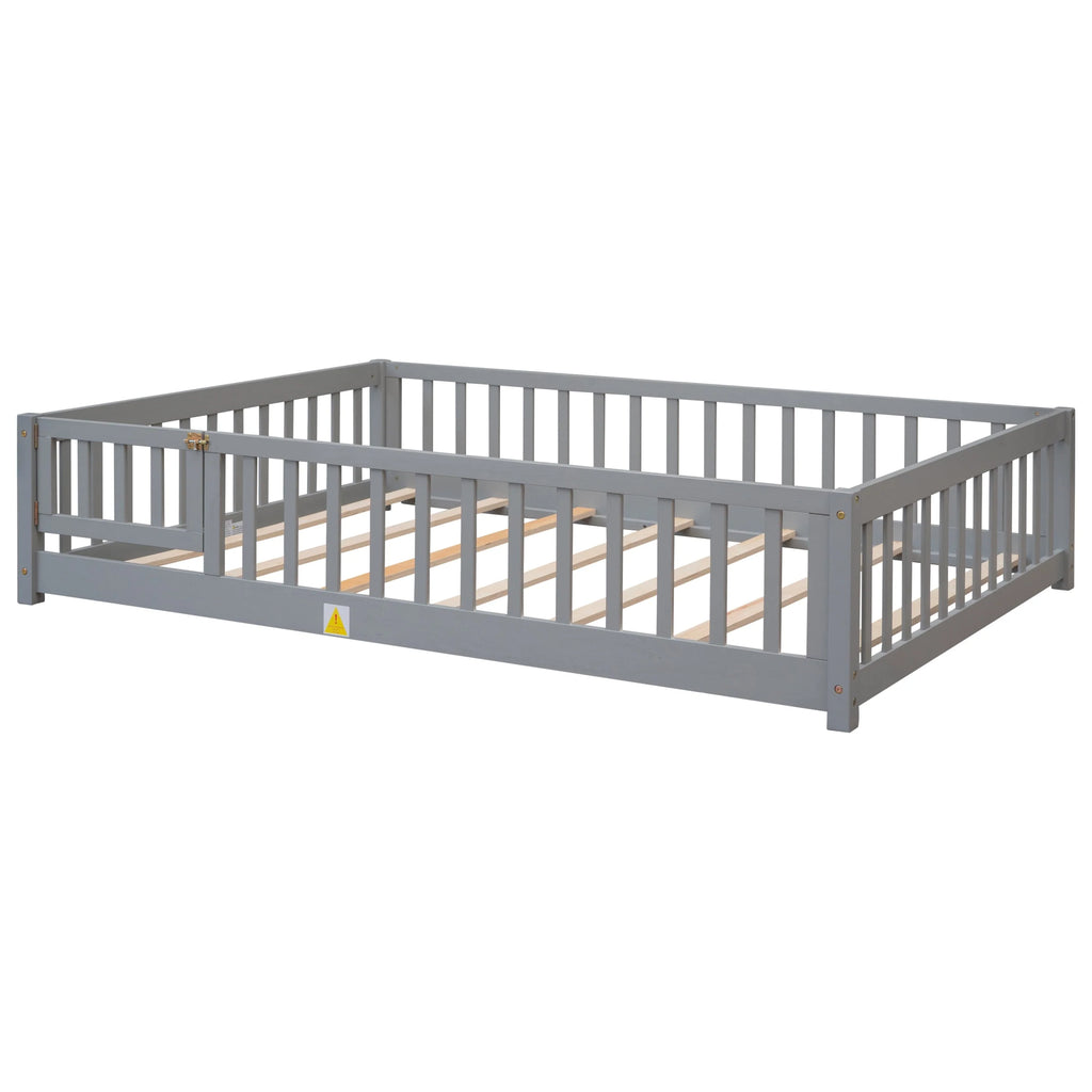 uhomepro Cadre de lit au sol en bois 2 places avec barrière et porte pour enfants et tout-petits, Gris