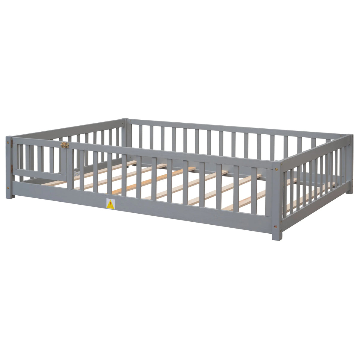 uhomepro Cadre de lit au sol en bois 2 places avec barrière et porte pour enfants et tout-petits, Gris