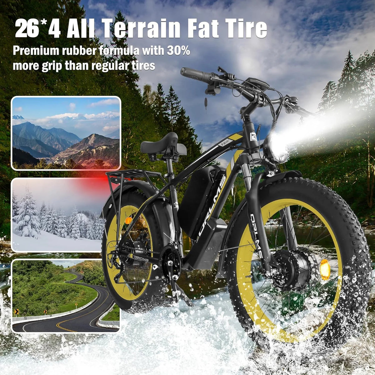 Vélo électrique 5000 W (crête) pour adultes, moto électrique avec batterie 60 V 25 Ah, vélo électrique à double moteur 80 km/h, vélo électrique à pneus larges 26 × 4,0, VTT à transmission intégrale et 21 vitesses pour tous les terrains UL 2849