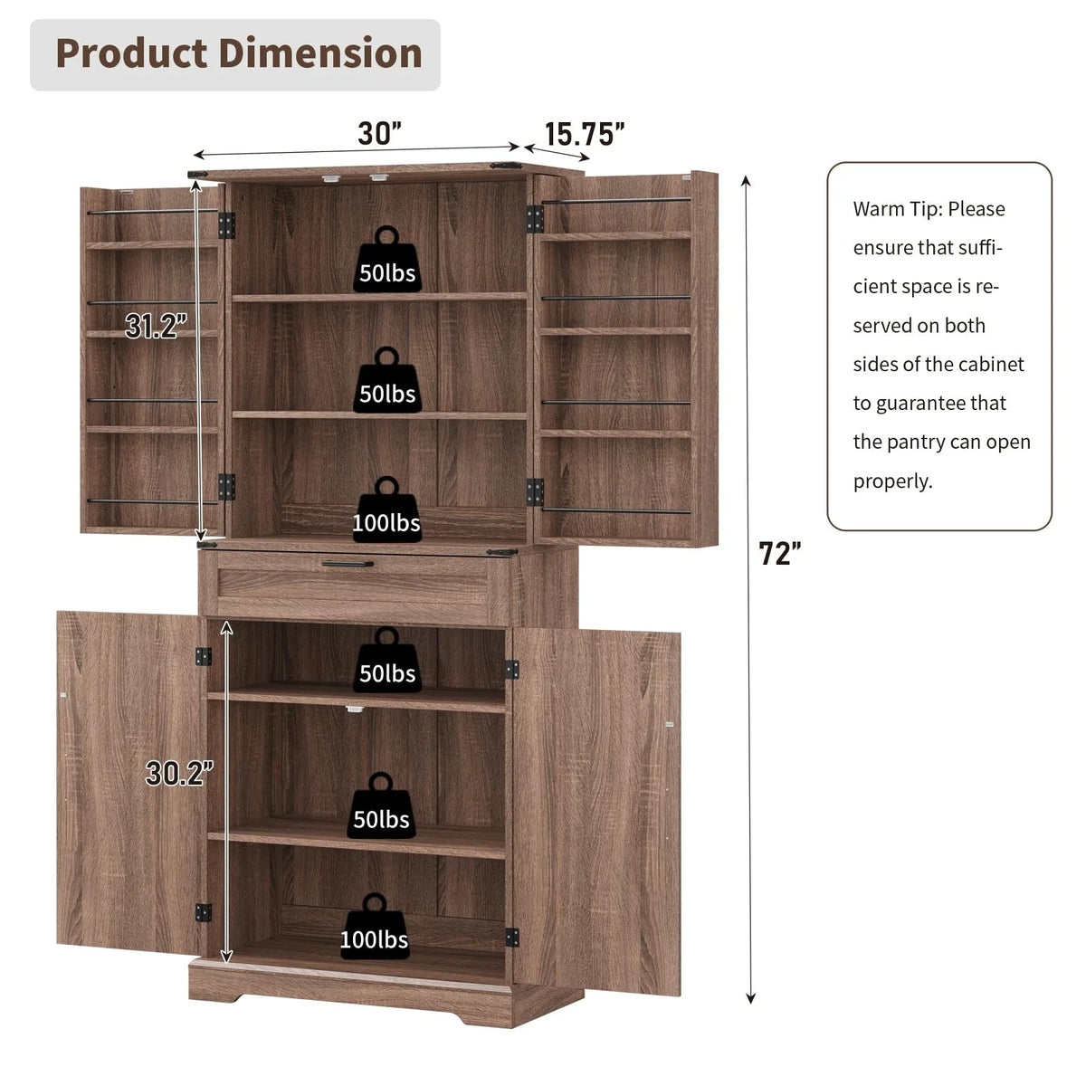 FUSOU Armoire de rangement de cuisine 72'', Armoire haute avec 8 étagères de porte, 2 placards et 1 tiroir, Meuble autoportant pour cuisine, salle à manger, salle de bain, buanderie