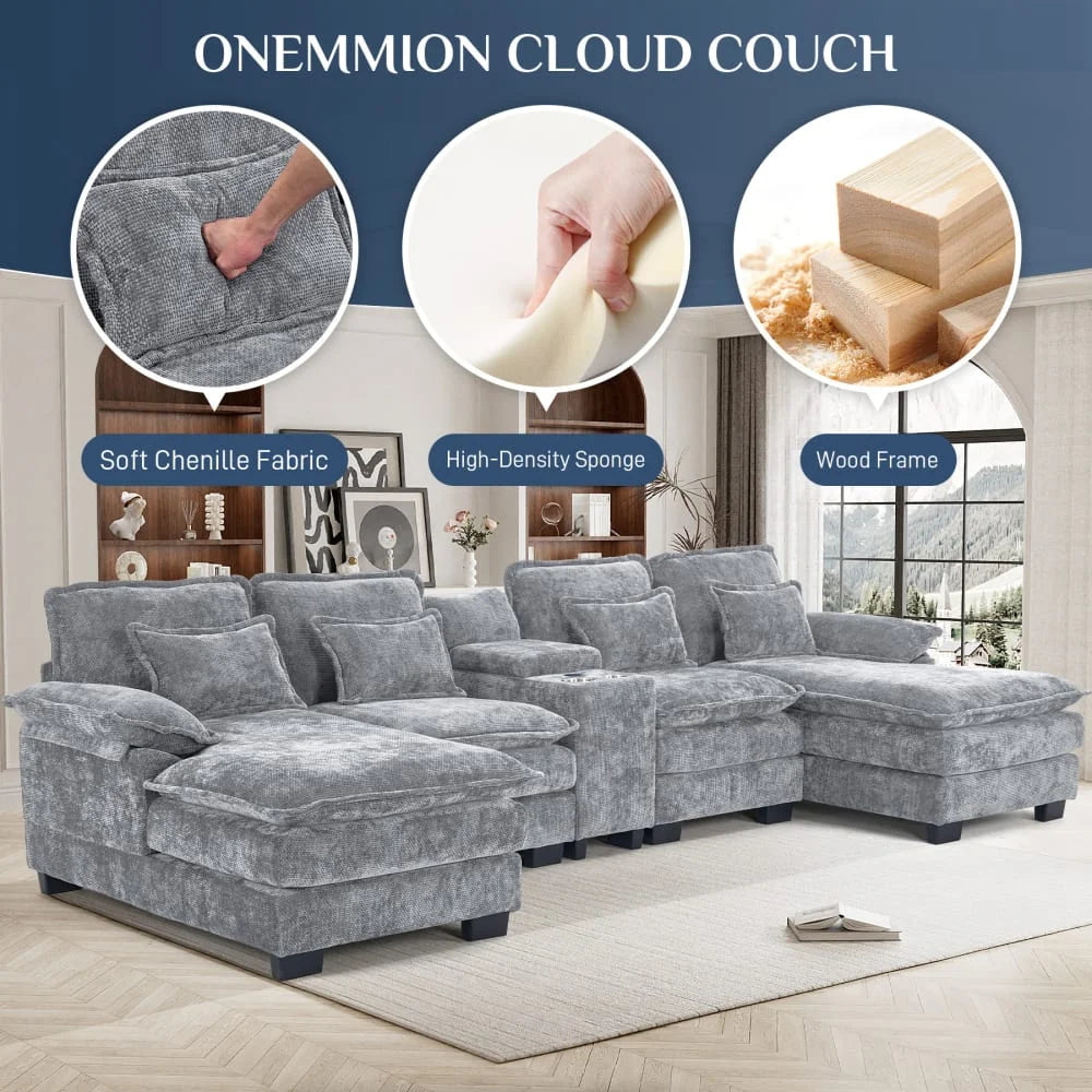 Canapé modulable en U Wiilayok Cloud Couch, méridienne double extra profonde de 124 cm en chenille duveteuse, console centrale avec ports USB-C et A doubles, gris tempête