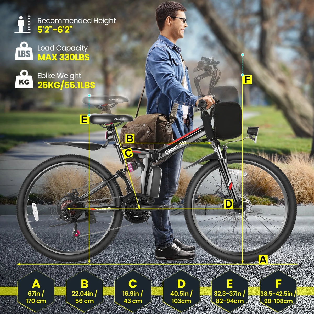 Vélo électrique pliant Gocio 26 pour adultes, VTT électrique 500W, Double amortisseur, Batterie 48V 7,8Ah, Shimano 21 vitesses, UL2849