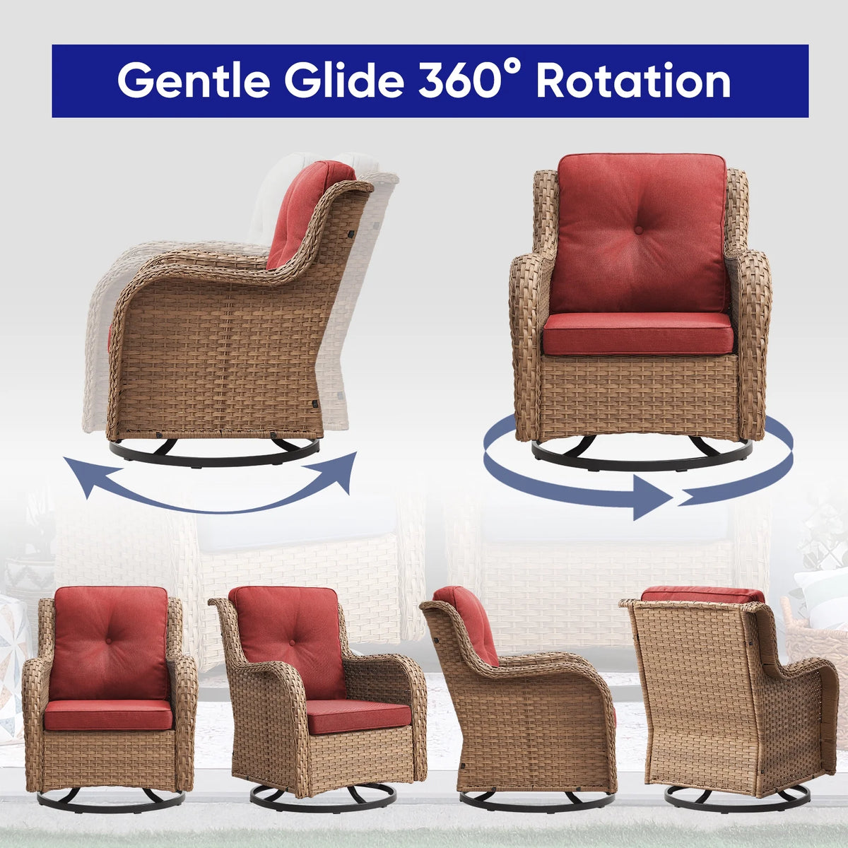 POCASSY Salon de Jardin 3 Pièces en Rotin Tressé Fauteuils Berçants et Pivotants avec Coussins