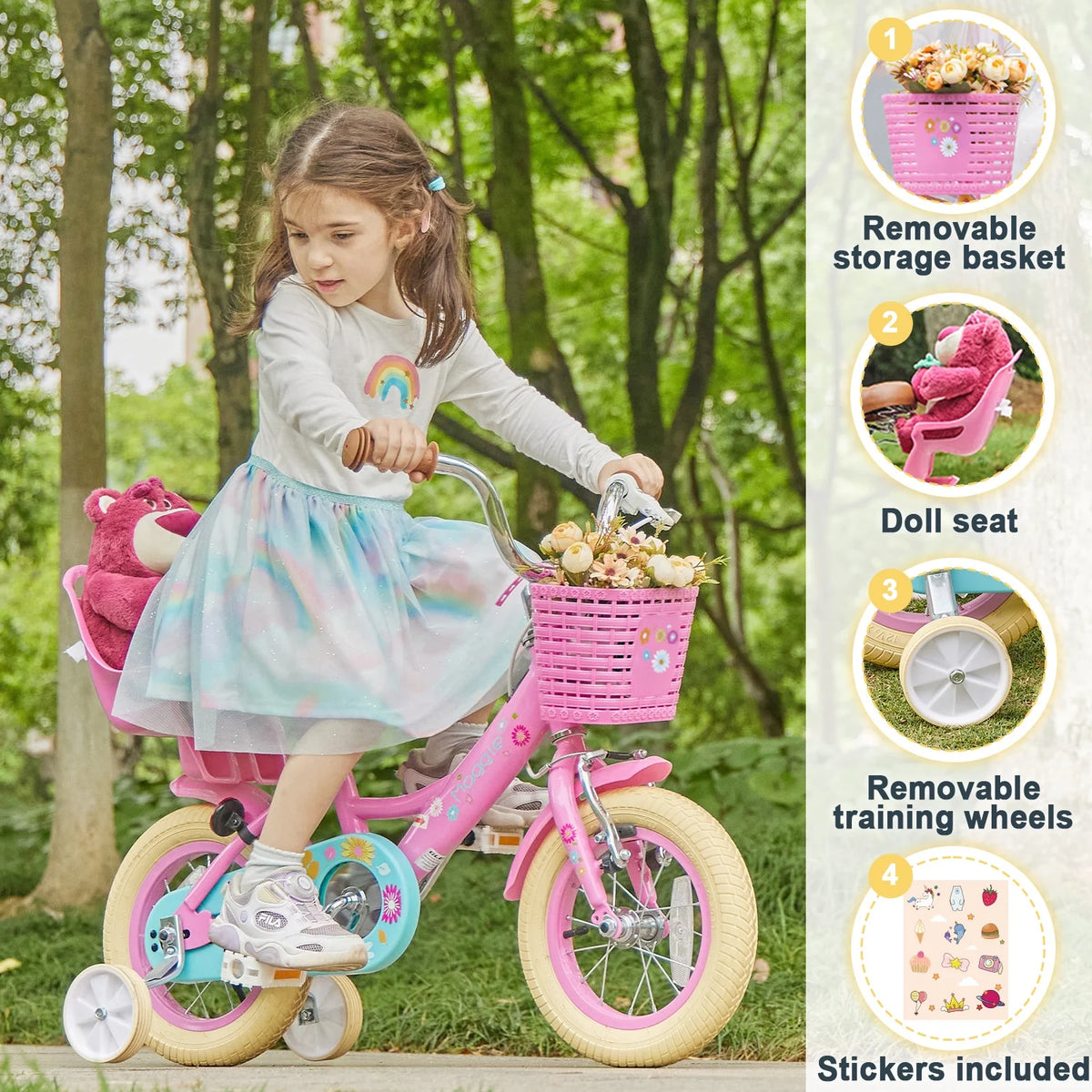 Vélo pour filles Glerc Maggie de 12 pouces pour enfants de 2 à 4 ans, Pêche